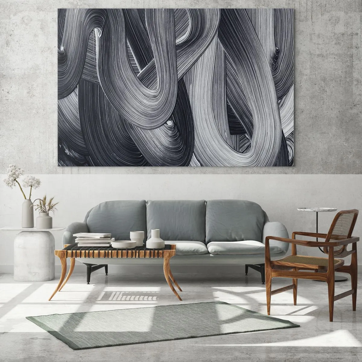 Impression sur verre - Image sur verre - Abstraction en noir et blanc avec des coups de pinceau dynamiques. - 120x50cm - La fluidité de la réalité - Décoration murale moderne pour le salon et la chambre ARTTOR
