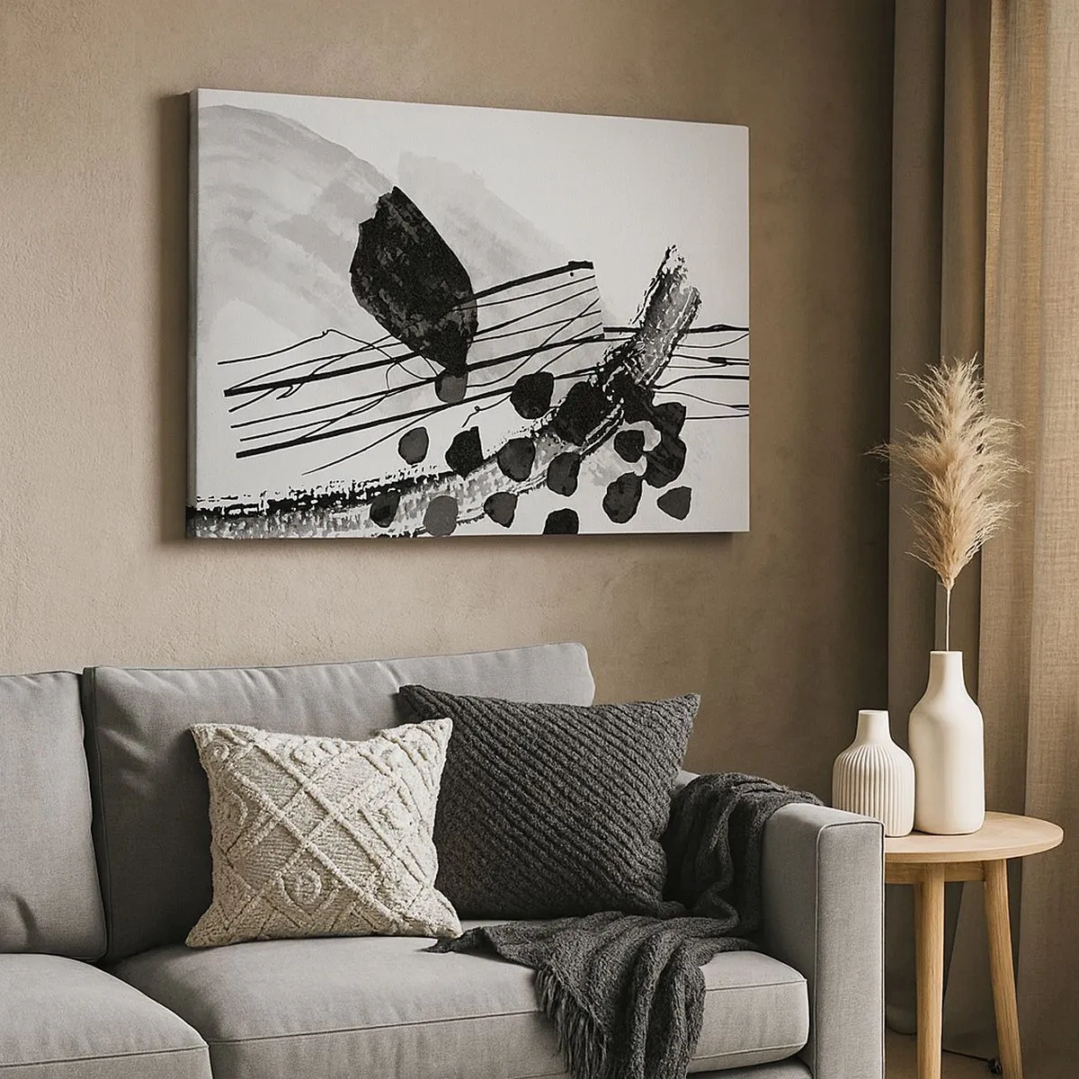 Impression sur toile - Image sur toile - Composition abstraite en noir et blanc avec des formes organiques - 70x50cm - Abstraction organique noir et blanc - Décoration murale moderne pour le salon et la chambre ARTTOR