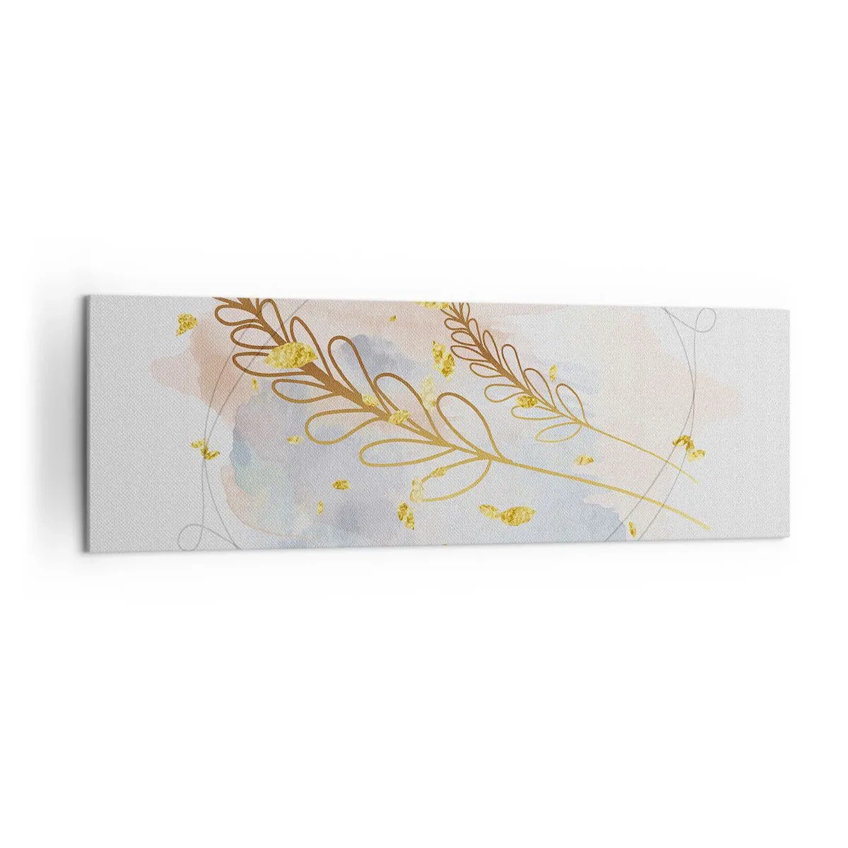 Impression sur toile - Image sur toile - Un délicat motif de feuille dorée sur un fond pastel avec des détails aquarelles. - 160x50cm - Explosion d'or - Décoration murale moderne pour le salon et la chambre ARTTOR