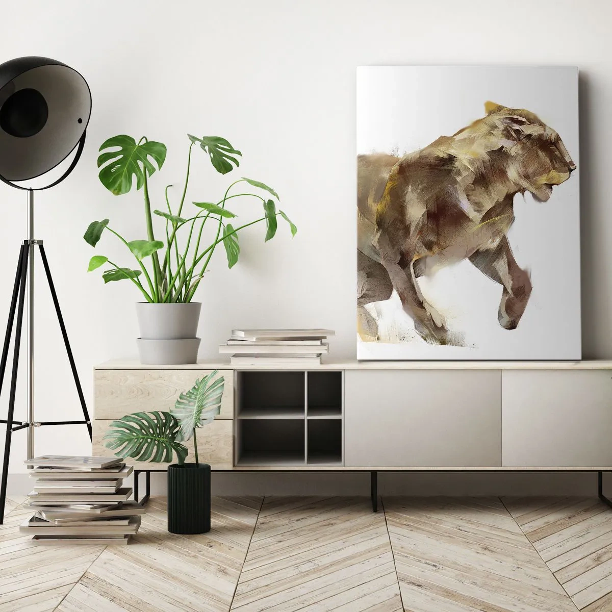 Impression sur toile - Image sur toile - Une lionne qui court dans une interprétation artistique - 70x100cm - Grâce sauvage - Décoration murale moderne pour le salon et la chambre ARTTOR