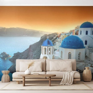 Papier Peint Photo Premium Canvas - Santorin - blotti contre les rochers - Paysage, Grèce, Santorin - 500x350 cm