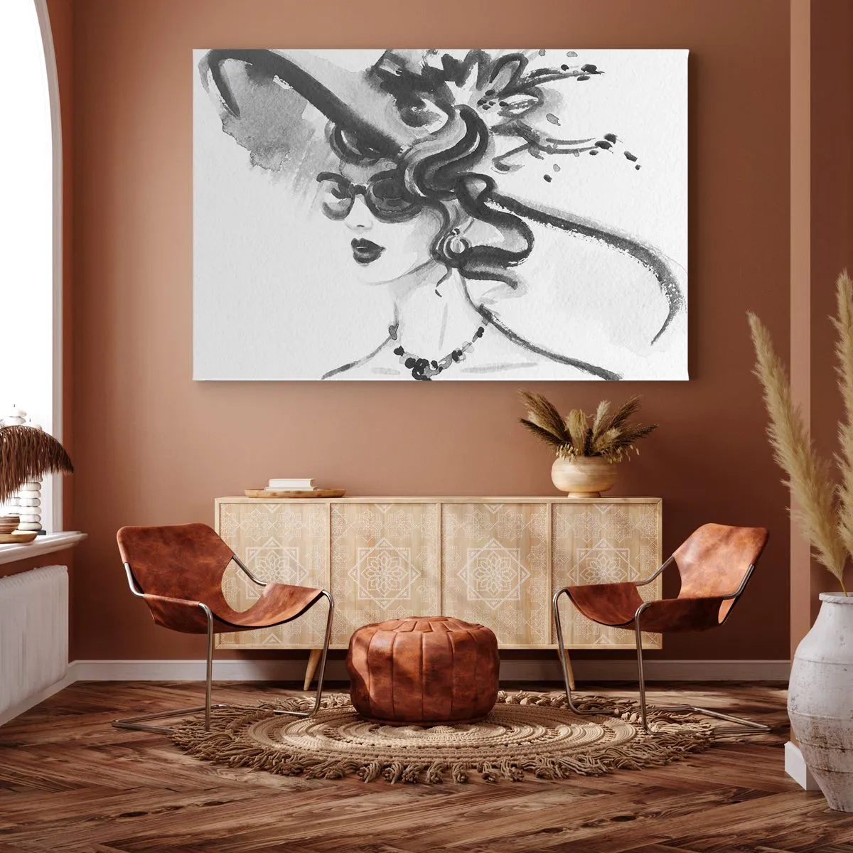 Impression sur toile - Image sur toile - Femme élégante avec un chapeau de style noir et blanc - 100x70cm - Une dame de caractère - Décoration murale moderne pour le salon et la chambre ARTTOR