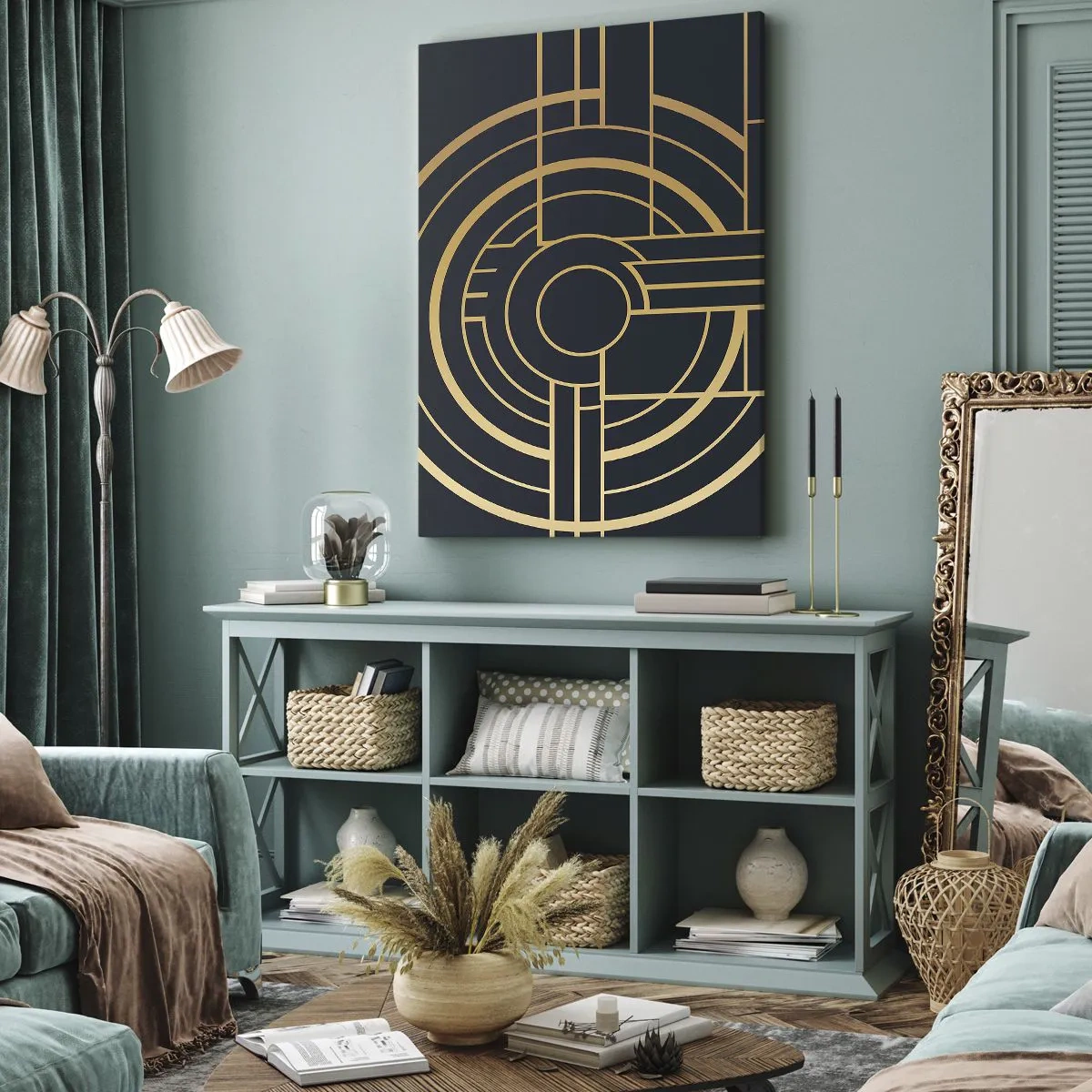 Impression sur toile - Image sur toile - Motif géométrique avec des lignes dorées - 50x70cm - Rotation des éléments - Décoration murale moderne pour le salon et la chambre ARTTOR