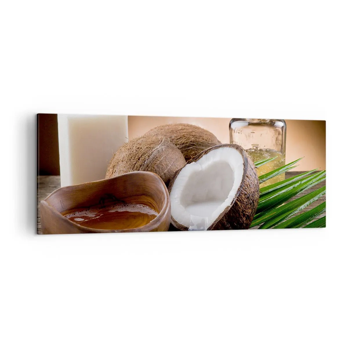 Impression sur toile - Image sur toile - Noix de coco, bougie et huile sur fond de bois - 140x50cm - Santé des îles tropicales - Décoration murale moderne pour le salon et la chambre ARTTOR