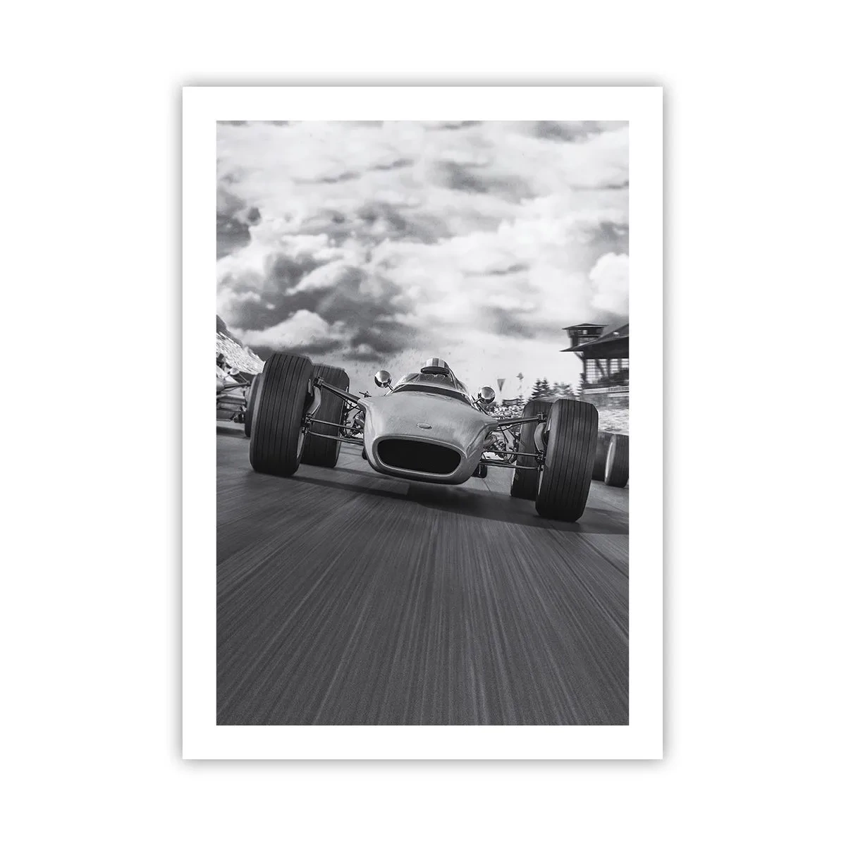 Affiche - Poster - Voiture de course rétro sur piste en noir et blanc - 50x70cm - Puissance! - Décoration murale moderne pour le salon et la chambre ARTTOR