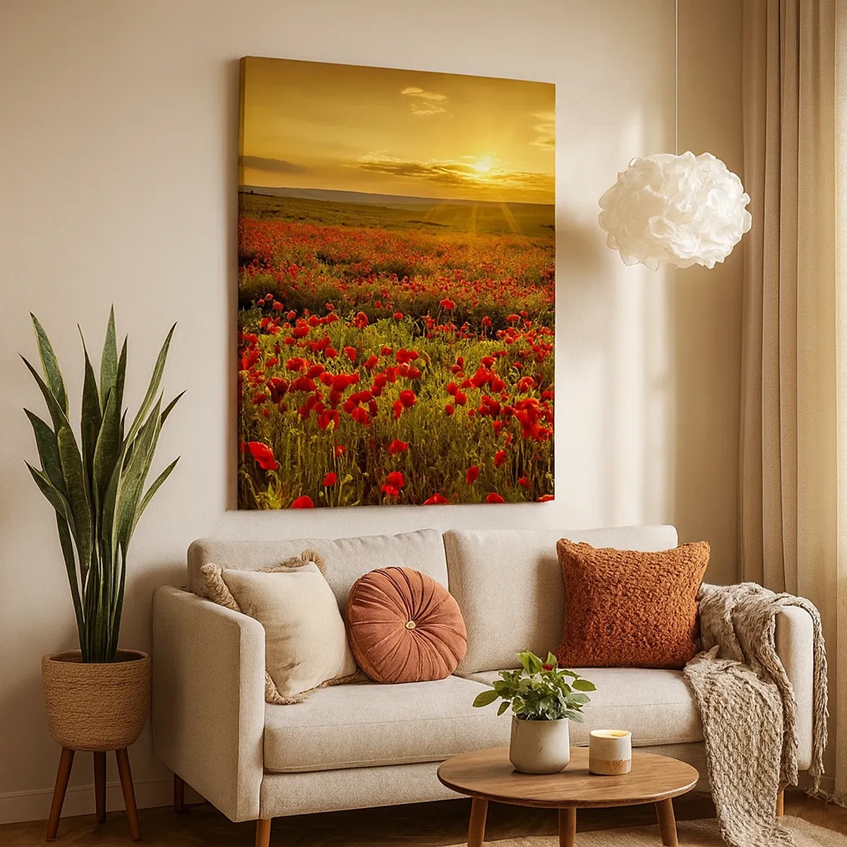 Impression sur toile - Image sur toile - Un champ de coquelicots rouges dans la lueur du soleil couchant - 50x70cm - Parmi les vagues des prairies bruissantes, parmi les fleurs du déluge - Décoration murale moderne pour le salon et la chambre ARTTOR