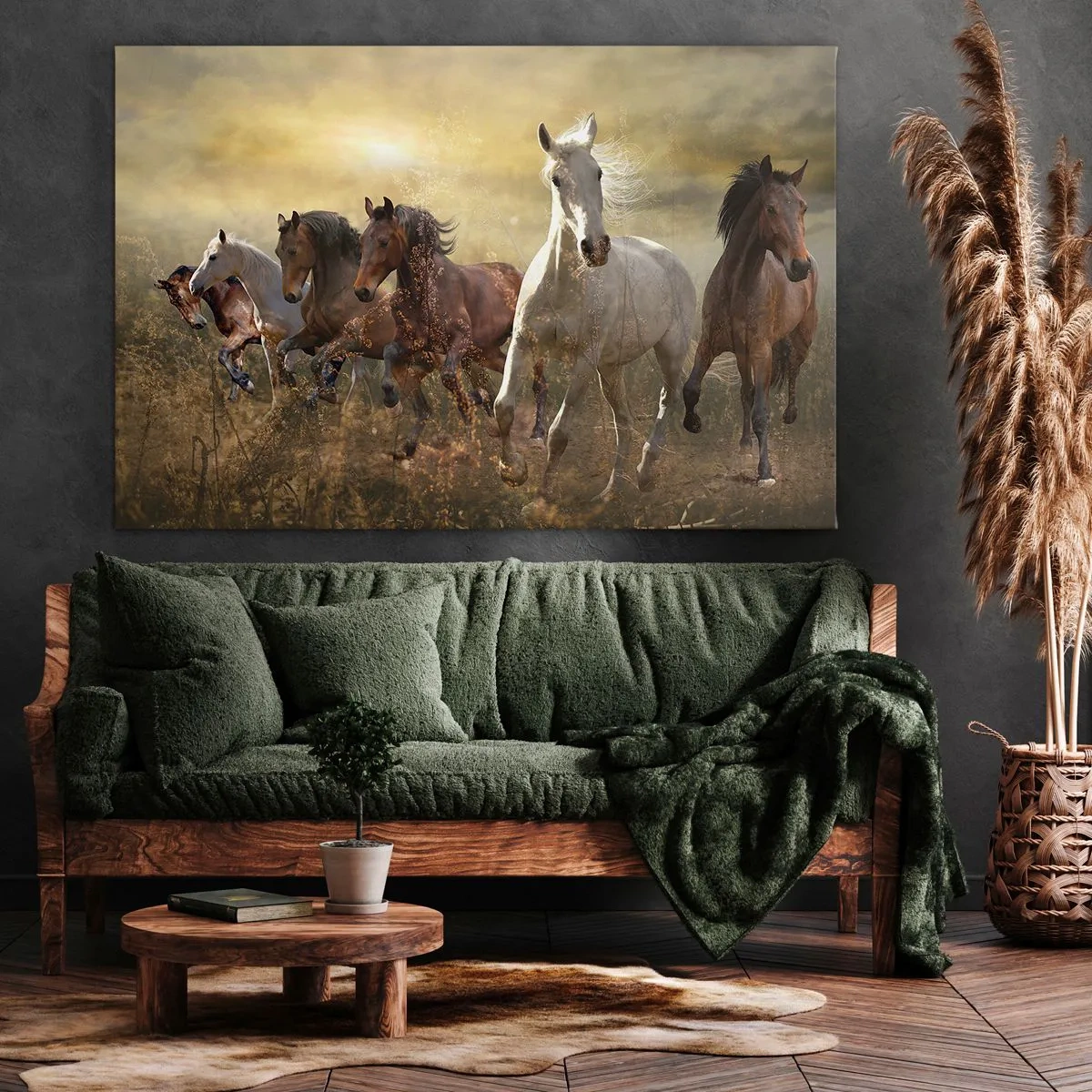Impression sur toile - Image sur toile - Un groupe de chevaux au galop sur fond de soleil couchant - 120x80cm - Vive la liberté! - Décoration murale moderne pour le salon et la chambre ARTTOR
