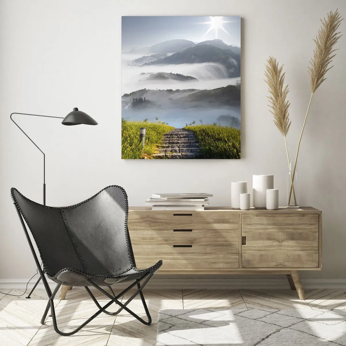 Impression sur verre - Image sur verre - Paysage de montagne avec brouillard et escaliers menant au sommet - 50x70cm - Toujours plus haut vers les nuages - Décoration murale moderne pour le salon et la chambre ARTTOR