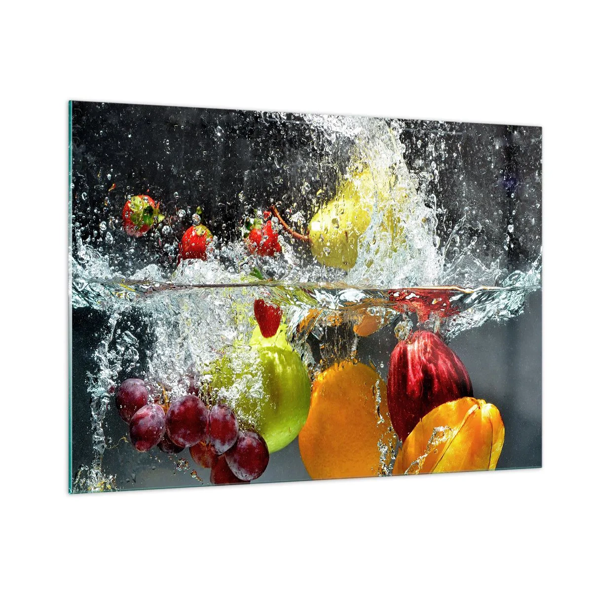 Impression sur verre - Image sur verre - Fruits immergés dans l'eau avec des éclaboussures dynamiques - 100x70cm - Rafraîchissement fruité - Décoration murale moderne pour le salon et la chambre ARTTOR