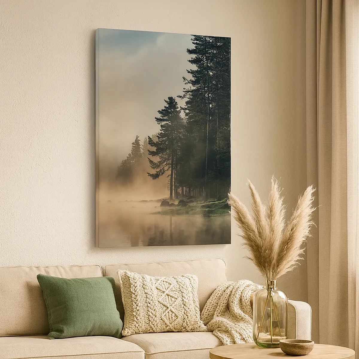 Impression sur toile - Image sur toile - Une forêt brumeuse sur un lac calme - 50x70cm - Naissance du jour - Décoration murale moderne pour le salon et la chambre ARTTOR