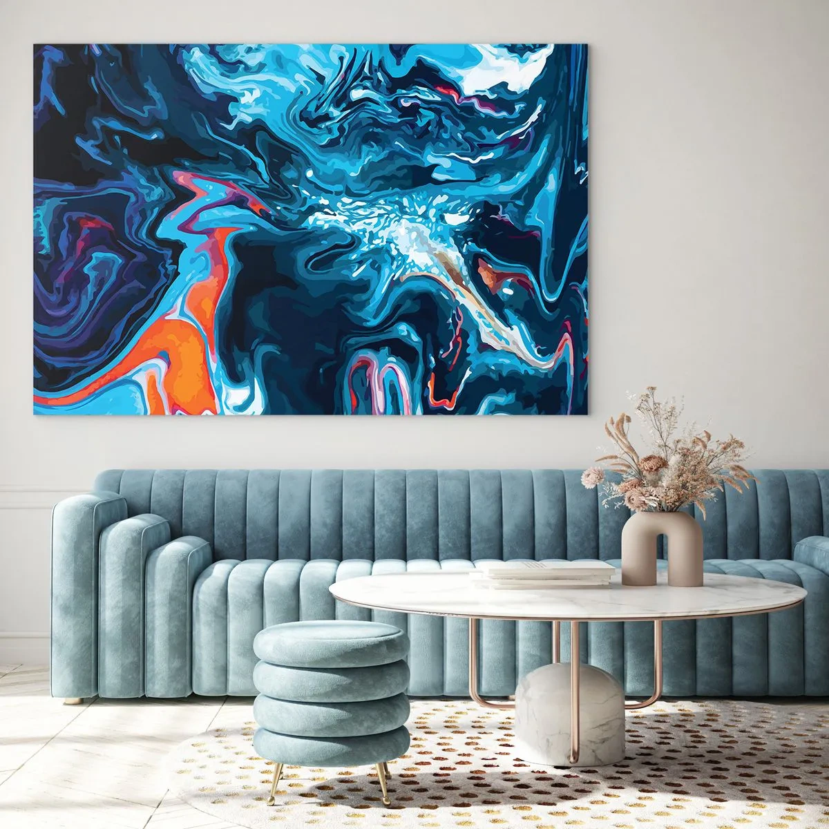 Impression sur verre - Image sur verre - Un motif abstrait dans des tons de bleu avec des accents de rouge et de blanc. - 70x50cm - Voyage au centre du ciel - Décoration murale moderne pour le salon et la chambre ARTTOR