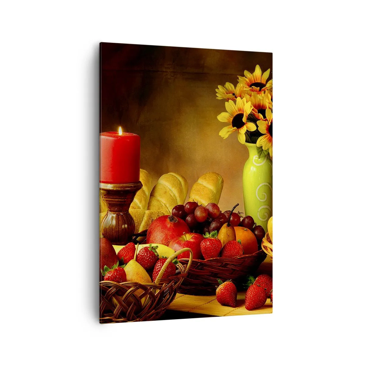 Impression sur toile - Image sur toile - Nature morte avec fruits, pain, bougie et fleurs - 70x100cm - Nature morte de pain et de fruits - Décoration murale moderne pour le salon et la chambre ARTTOR