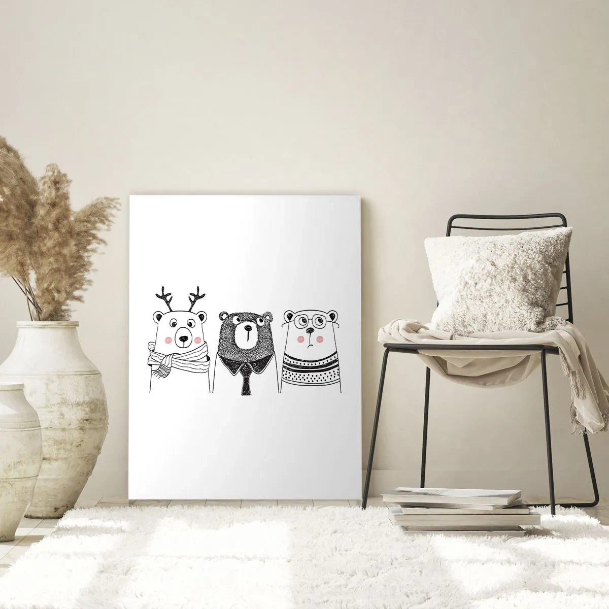 Impression sur verre - Image sur verre - Trois ours drôles dans une illustration en noir et blanc - 50x70cm - Ours en peluche, petit ours en peluche et doudou - Décoration murale moderne pour le salon et la chambre ARTTOR