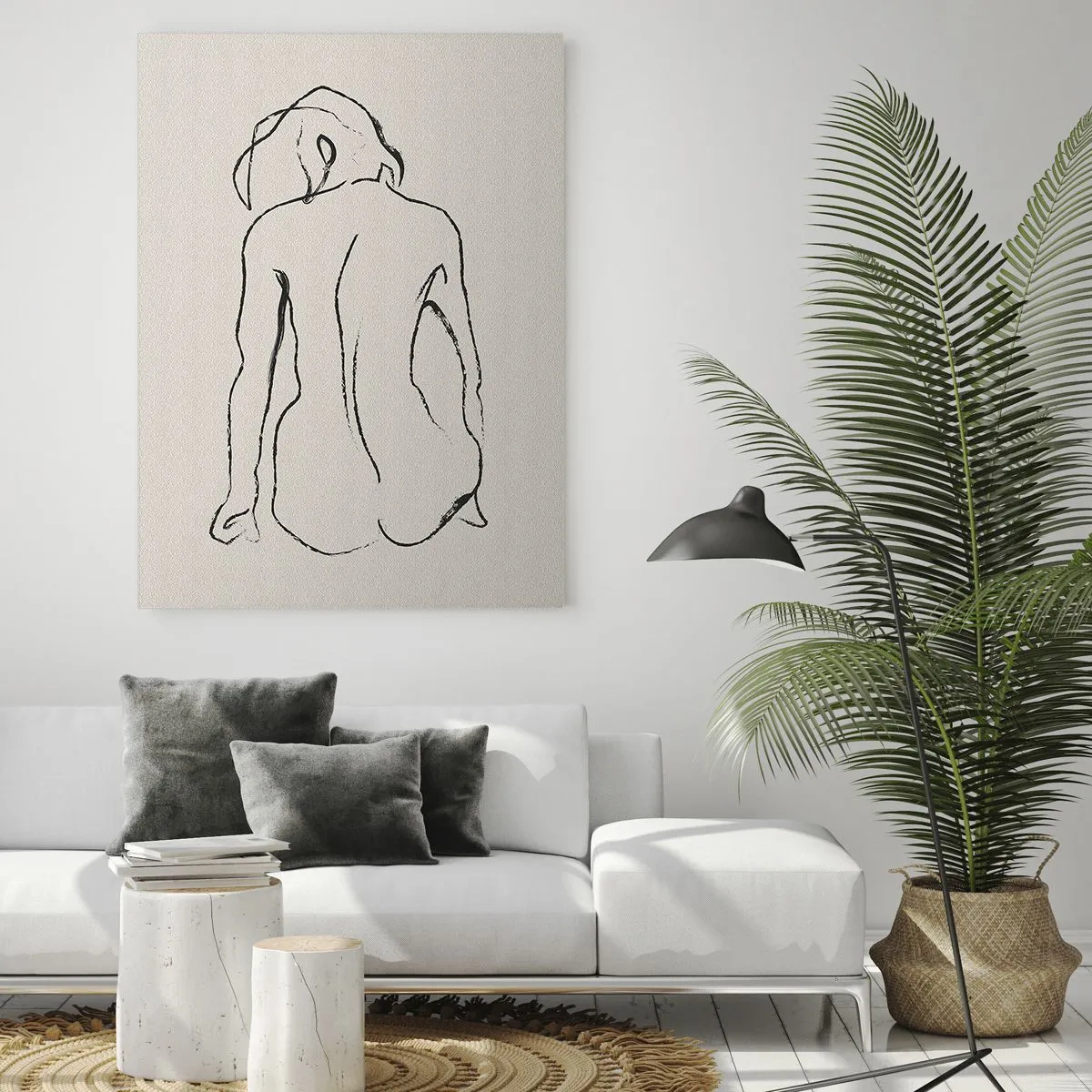 Impression sur verre - Image sur verre - Un croquis délicat d'une femme assise, dessiné en noir sur un fond clair. - 50x70cm - Femme nue - Décoration murale moderne pour le salon et la chambre ARTTOR