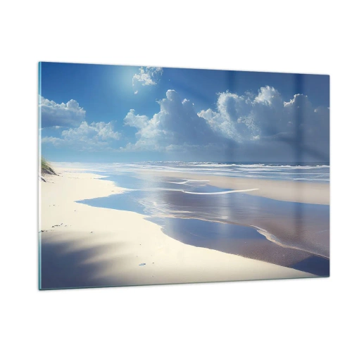 Impression sur verre - Image sur verre - Une large plage de sable et des vagues calmes sous un ciel bleu - 120x80cm - Des vacances paradisiaques - Décoration murale moderne pour le salon et la chambre ARTTOR