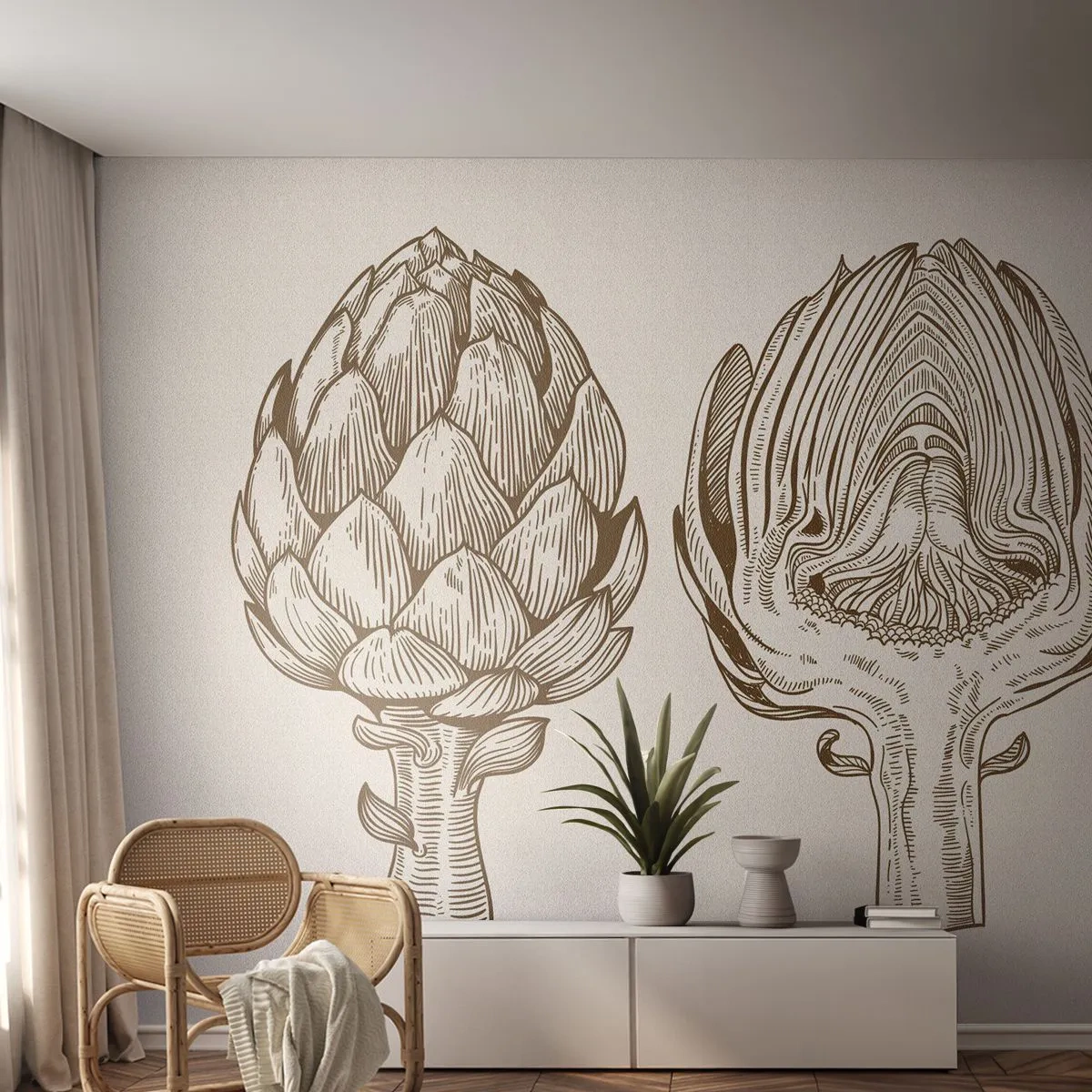 Papier Peint Photo Premium Sand - Leçon d’anatomie - Artichaut, Cuisine, Légumes - 350x256 cm