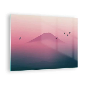 Impression sur verre - Image sur verre - Un paysage minimaliste avec une montagne et des oiseaux aux couleurs pastel. - 70x50cm - Des pèlerins au dessus des nuages - Décoration murale moderne pour le salon et la chambre ARTTOR