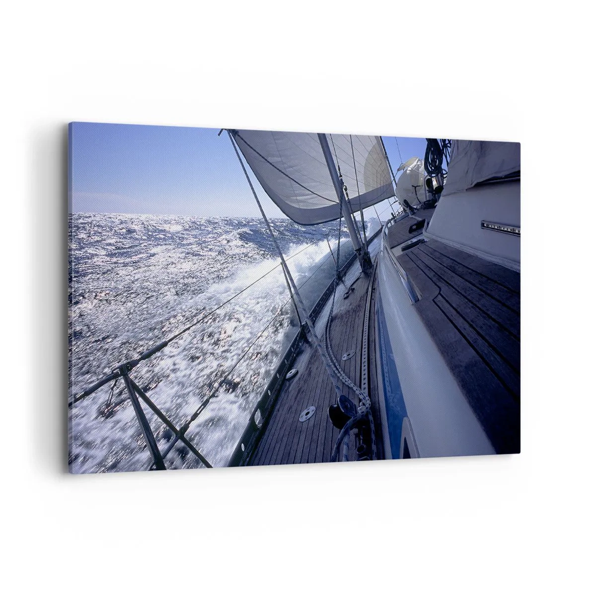 Impression sur toile - Image sur toile - Un voilier dans une mer agitée avec des voiles blanches et un pont en bois. - 120x80cm - Je sais ce que c'est d'être un oiseau - Décoration murale moderne pour le salon et la chambre ARTTOR