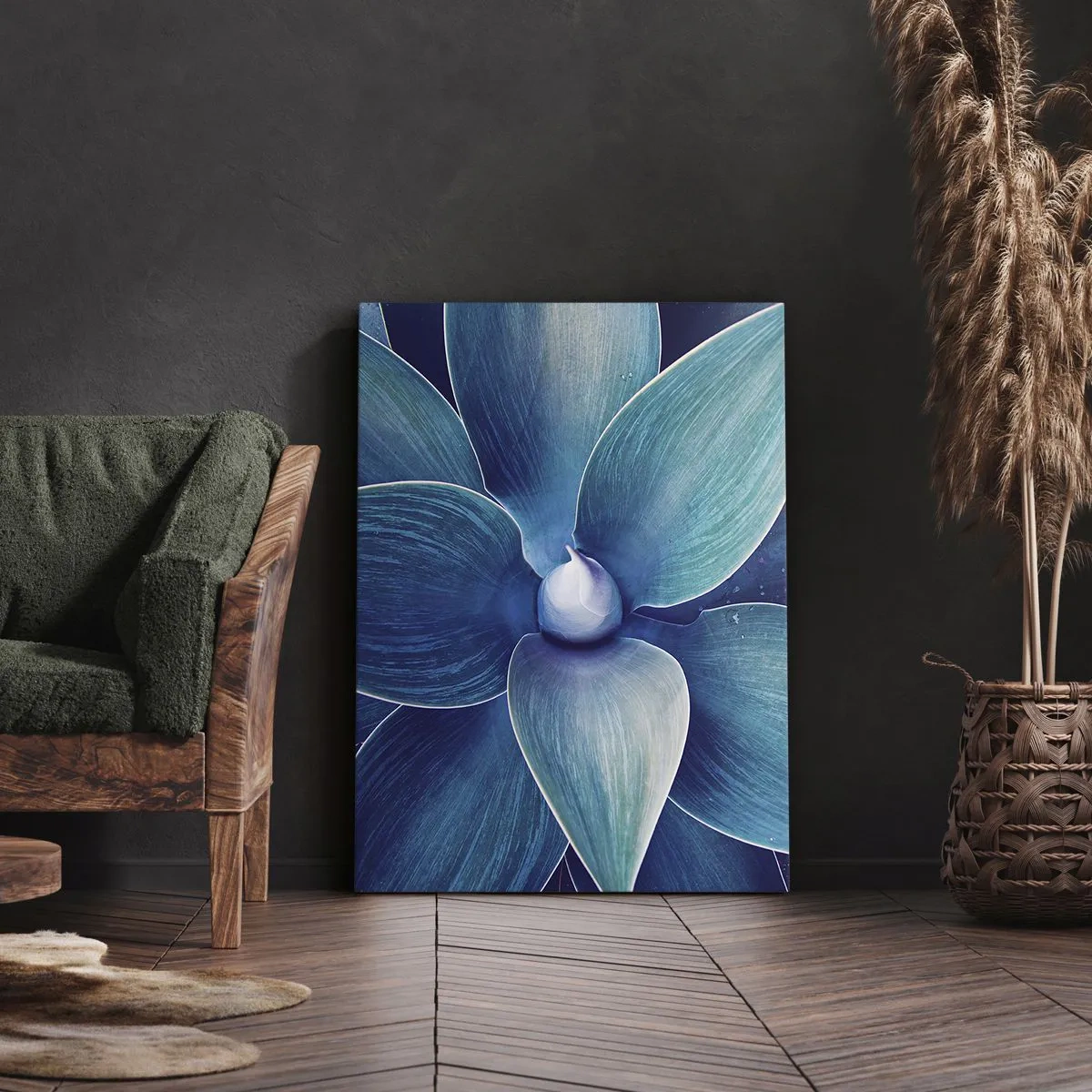 Impression sur toile - Image sur toile - Gros plan d'une fleur abstraite dans des tons de bleu - 50x70cm - Le bleu du ciel - Décoration murale moderne pour le salon et la chambre ARTTOR