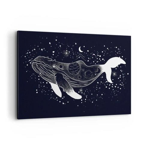 Impression sur toile - Image sur toile - Une illustration graphique d'une baleine dans un style de l'ère spatiale. - 120x80cm - Dans l'océan de l'univers - Décoration murale moderne pour le salon et la chambre ARTTOR