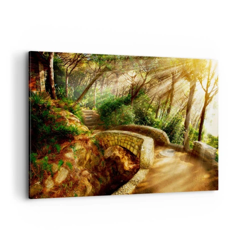 Impression sur toile - Image sur toile - Paysage forestier avec des rayons de soleil et un pont de pierre - 120x80cm - Directement du pont dans une forêt de conte de fées - Décoration murale moderne pour le salon et la chambre ARTTOR