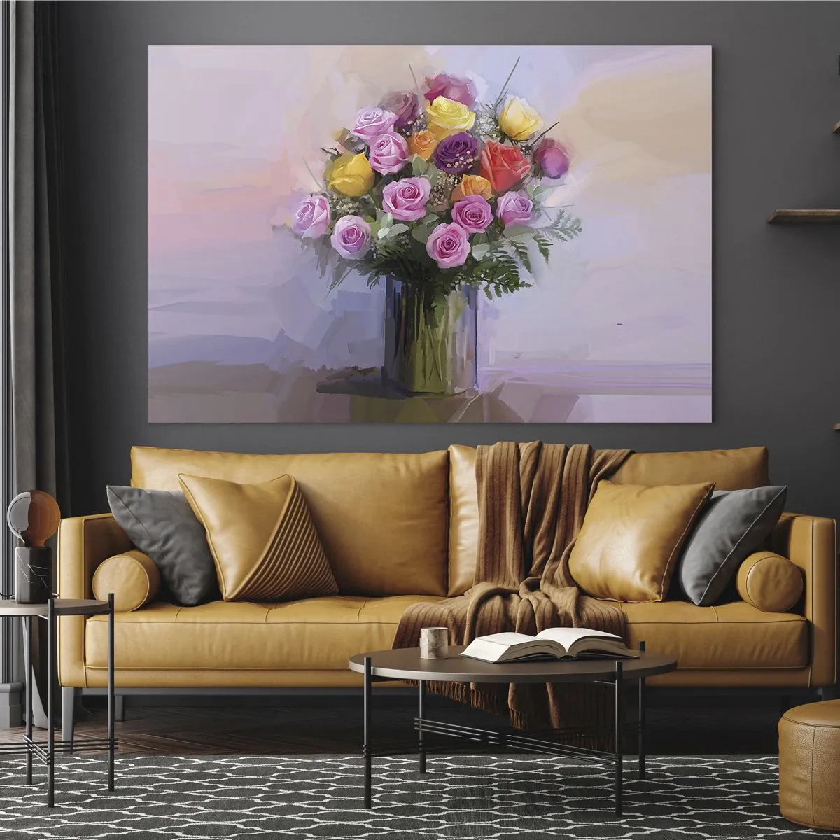 Impression sur verre - Image sur verre - Un bouquet de roses dans un vase en verre sur fond pastel - 70x50cm - Beauté conservée - Décoration murale moderne pour le salon et la chambre ARTTOR