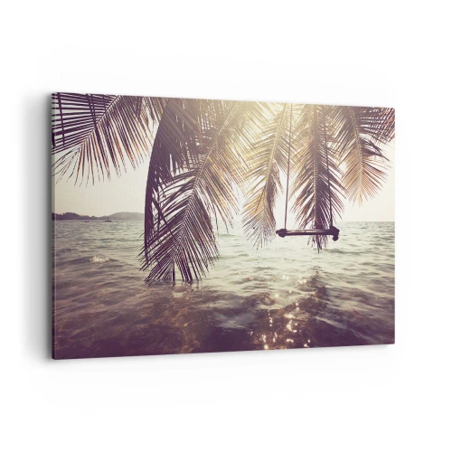 Impression sur toile - Image sur toile - Palmier avec une balançoire au-dessus de l'eau au soleil - 100x70cm - Vous pouvez vous balancer dans les nuages
