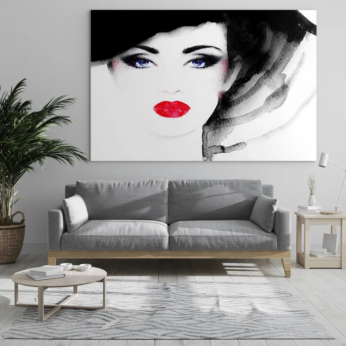 Impression sur verre - Image sur verre - Portrait d'une femme aux lèvres rouges expressives et au chapeau noir - 120x80cm - Elle repousse et attire - Décoration murale moderne pour le salon et la chambre ARTTOR