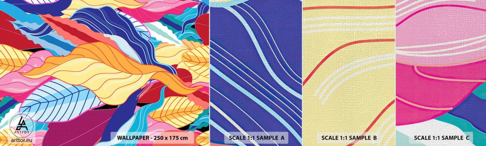 Échantillon de Papier Peint Premium Canvas - Un désordre coloré - Abstraction, Feuilles colorées, Morceau - 100x30 cm