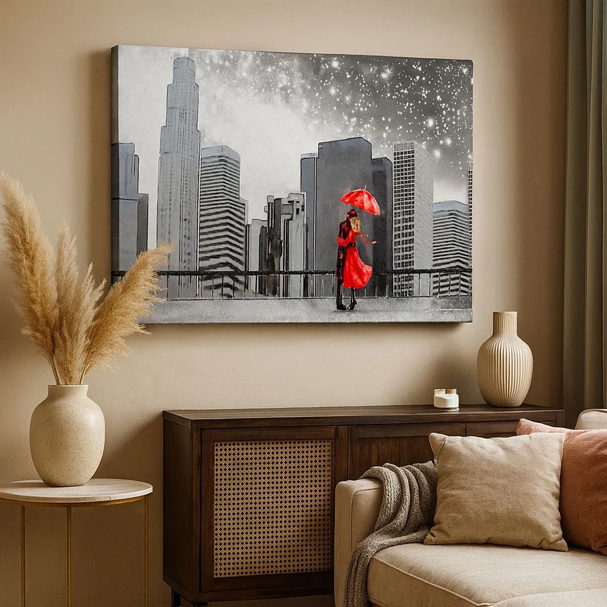 Impression sur toile - Image sur toile - Un couple en rouge avec un parapluie sur fond de paysage urbain - 70x50cm - L'homme n'est pas une pierre - Décoration murale moderne pour le salon et la chambre ARTTOR