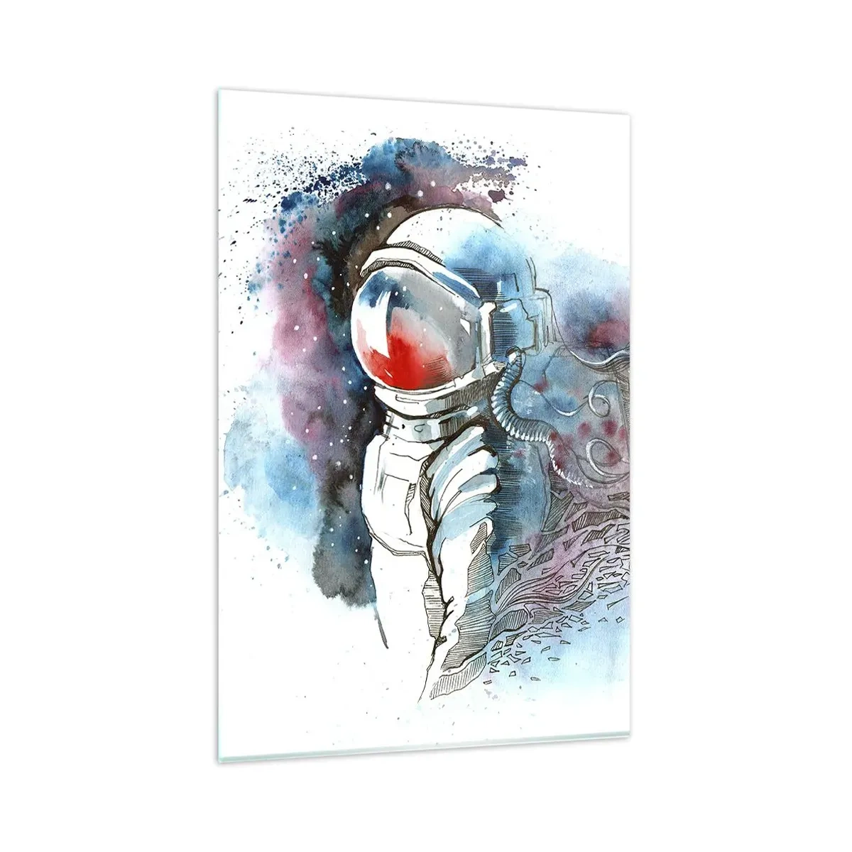 Impression sur verre - Image sur verre - Un cosmonaute dans une aquarelle dynamique avec des détails cosmiques - 80x120cm - Seul avec l'espace - Décoration murale moderne pour le salon et la chambre ARTTOR