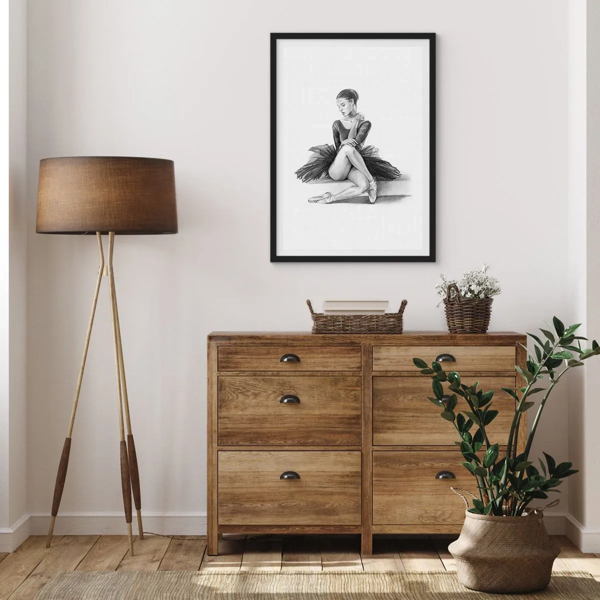 Affiche dans un cadre noir - Poster - Croquis d'une ballerine assise au repos - 50x70cm - Envoutée par la danse - Décoration murale moderne pour le salon et la chambre ARTTOR