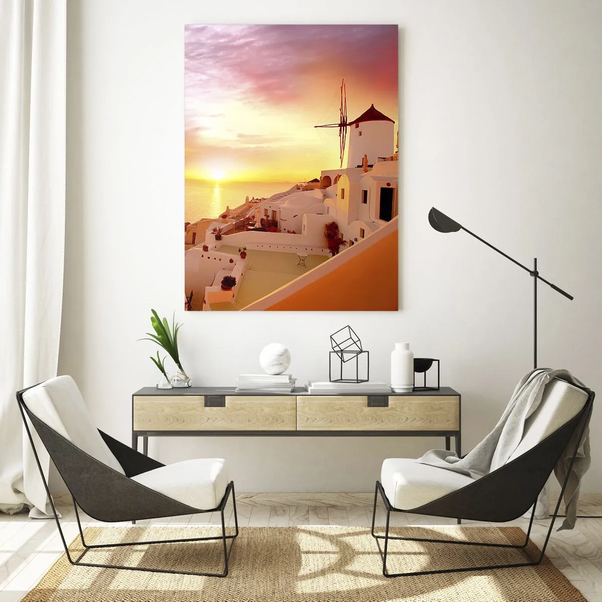 Impression sur verre - Image sur verre - Santorin au coucher du soleil avec un moulin à vent - 80x120cm - Fondre en blanc et or - Décoration murale moderne pour le salon et la chambre ARTTOR