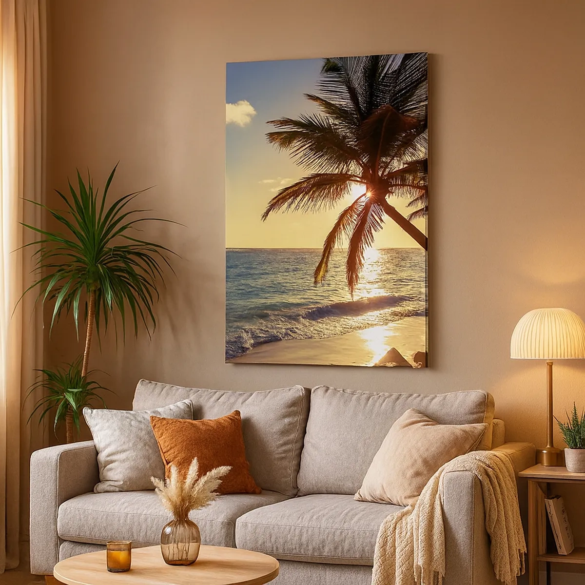 Impression sur toile - Image sur toile - Coucher de soleil tropical sur une plage avec des palmiers - 50x70cm - L'été sous les palmiers - Décoration murale moderne pour le salon et la chambre ARTTOR