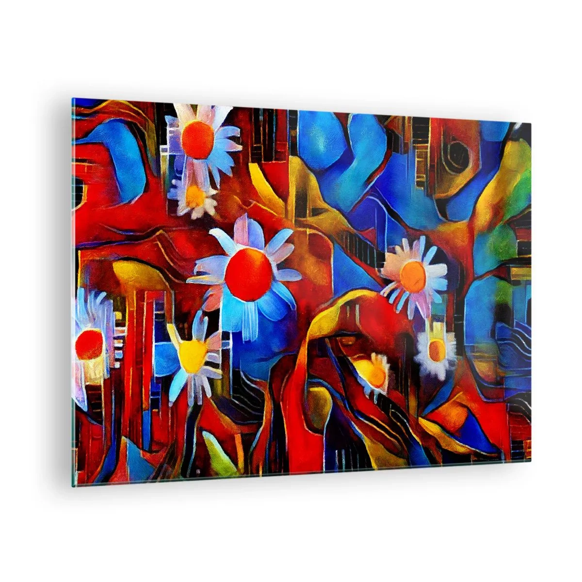 Impression sur verre - Image sur verre - Fleurs abstraites colorées sur un fond de couleurs intenses - 70x50cm - Les couleurs de la vie - Décoration murale moderne pour le salon et la chambre ARTTOR