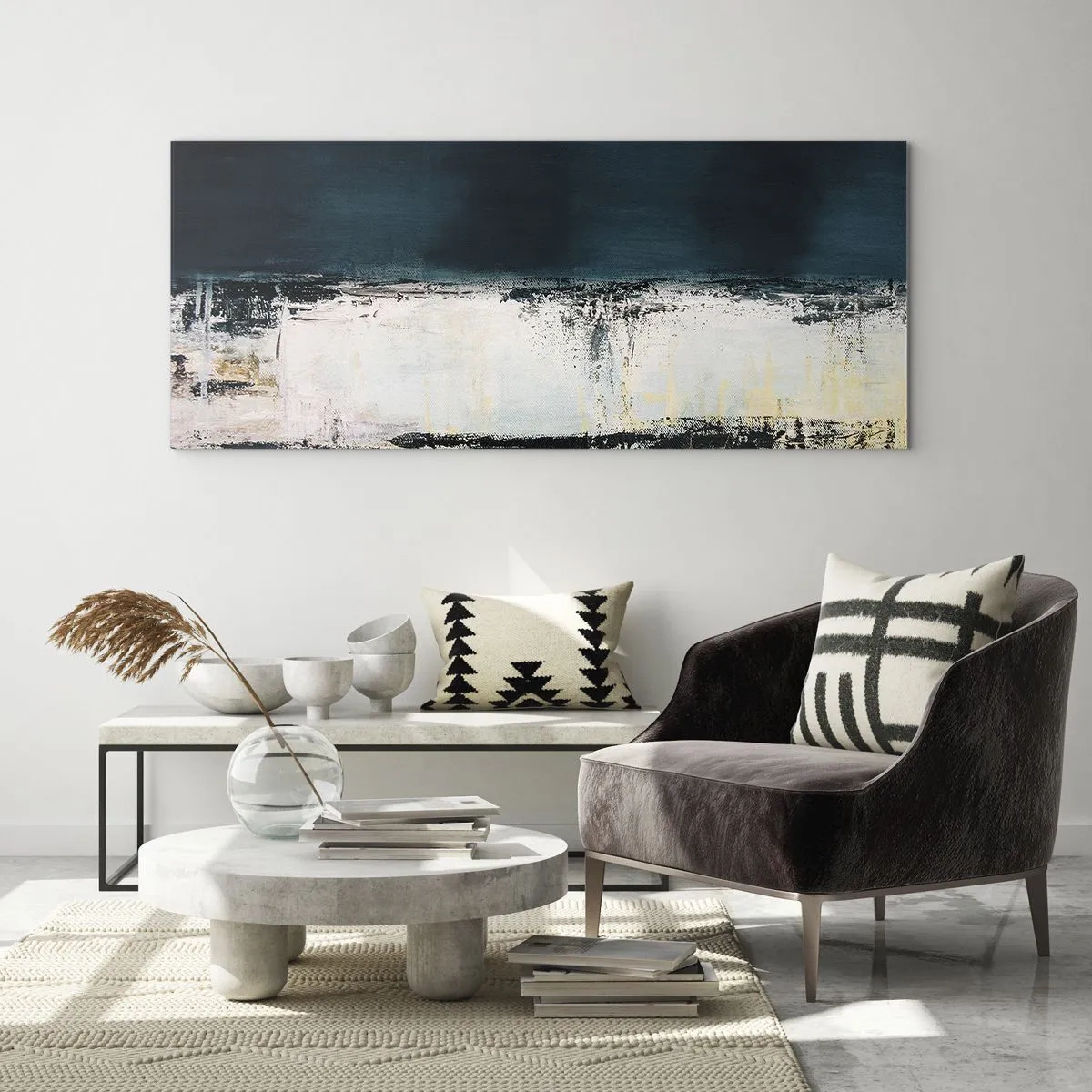 Impression sur verre - Image sur verre - Composition horizontale abstraite dans les tons bleu marine et blanc - 160x50cm - Composition horizontale - Décoration murale moderne pour le salon et la chambre ARTTOR