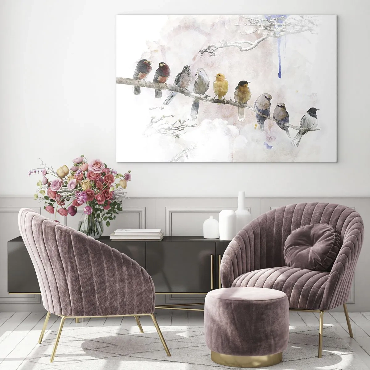 Impression sur verre - Image sur verre - Oiseaux colorés sur une branche dans un style pictural - 120x80cm - Rencontre ailée - Décoration murale moderne pour le salon et la chambre ARTTOR