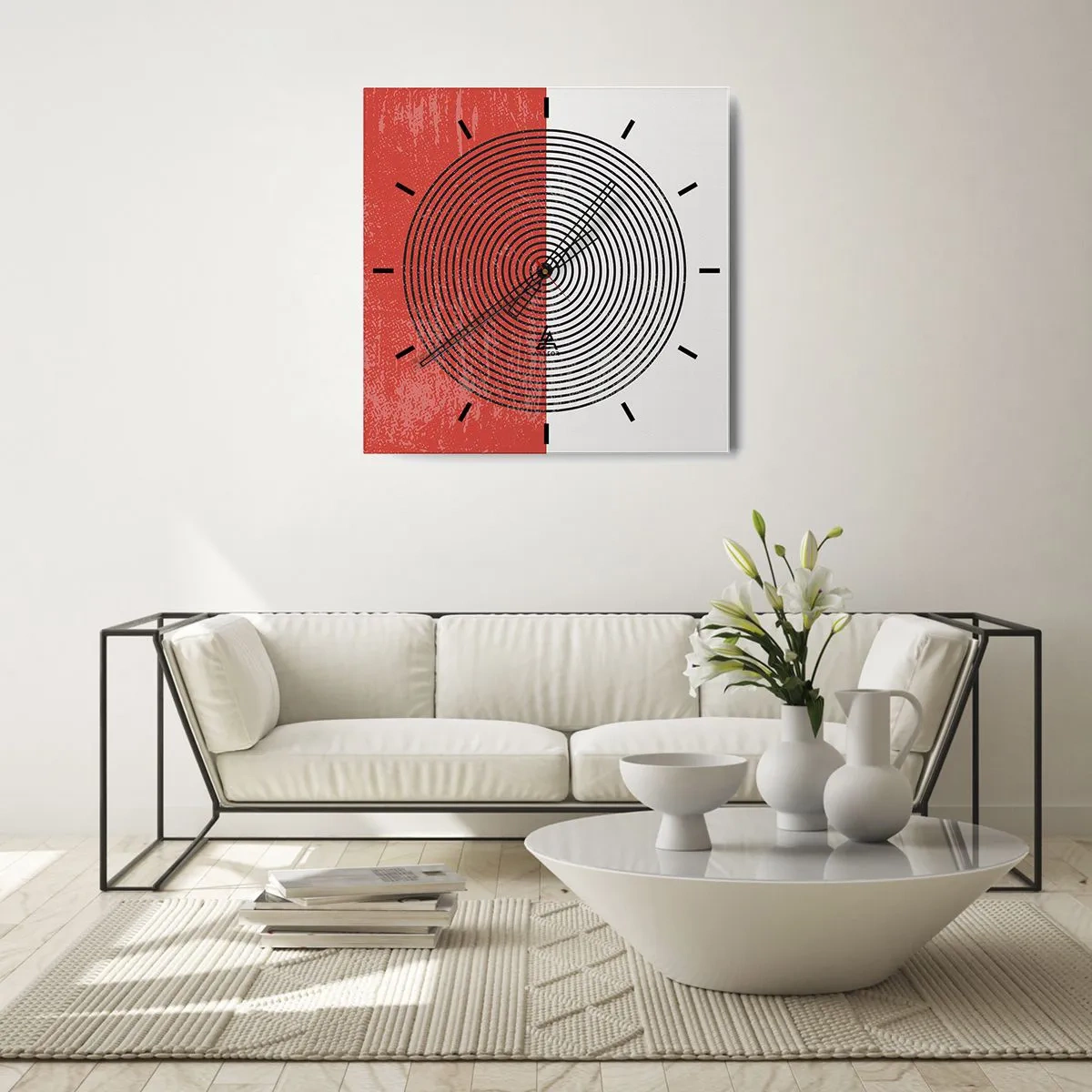 Horloge murale - Pendule murale - Motif géométrique avec des cercles concentriques sur un fond rouge et blanc - 30x30cm - Dans le mille - Décoration murale moderne pour le salon et la chambre ARTTOR
