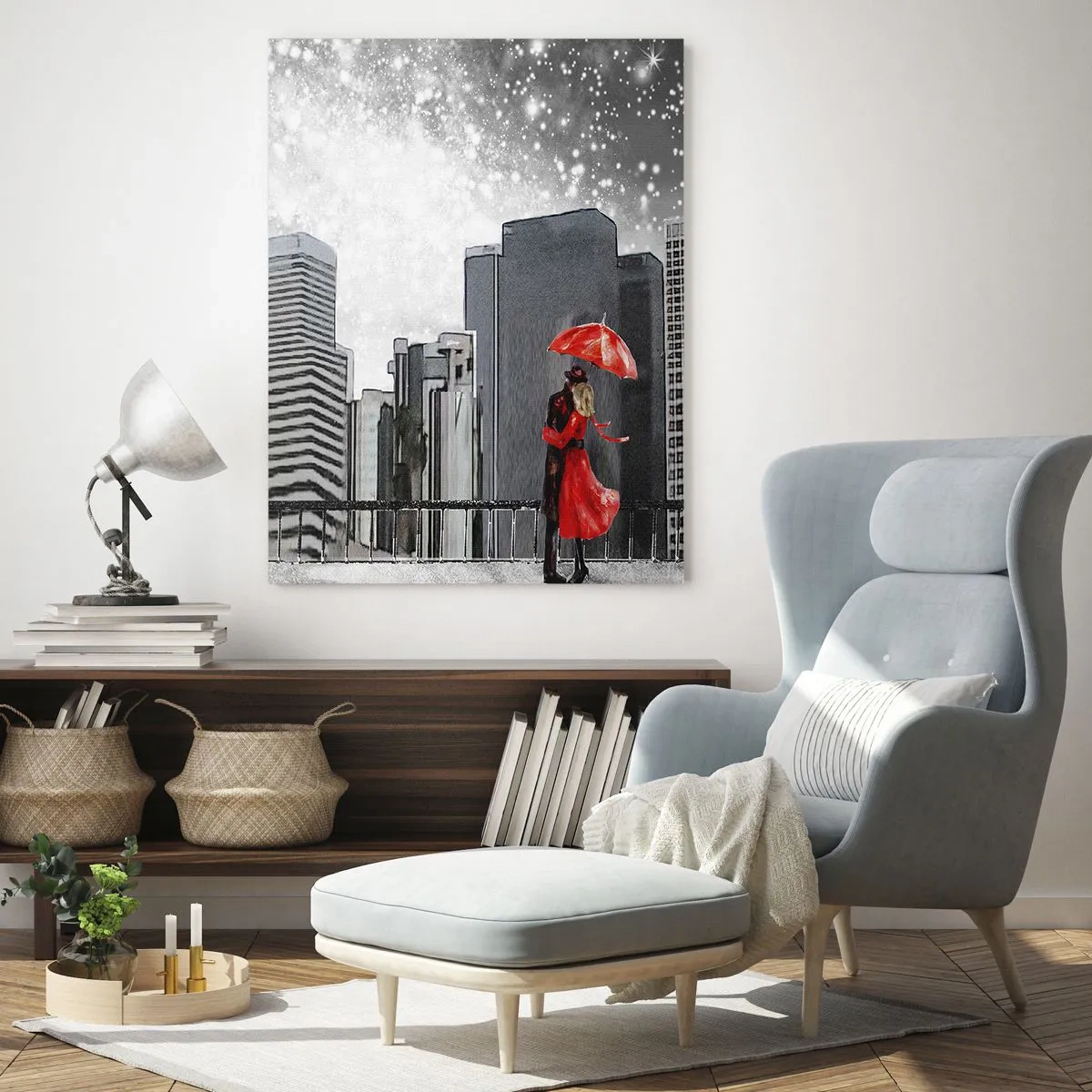 Impression sur verre - Image sur verre - Un couple en rouge avec un parapluie sur fond de paysage urbain - 70x100cm - L'homme n'est pas une pierre - Décoration murale moderne pour le salon et la chambre ARTTOR