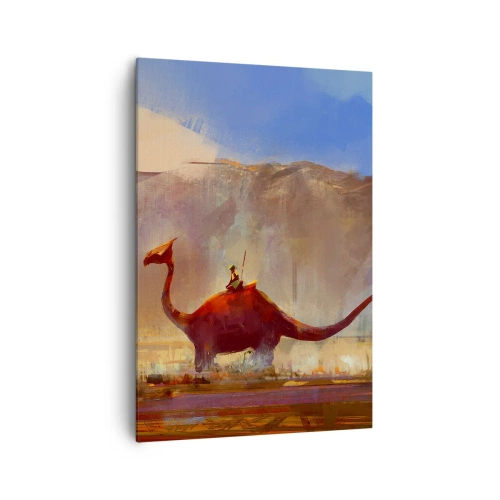 Impression sur toile - Image sur toile - Une scène fantastique avec un cavalier sur une créature préhistorique - 70x100cm - S'ils n'avaient pas disparu - Décoration murale moderne pour le salon et la chambre ARTTOR