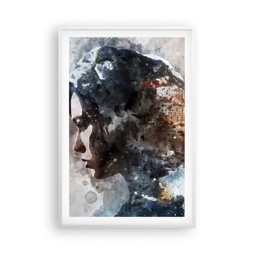 Affiche dans un cadre blanc - Poster - L'histoire d'une fille avec une ville en arrière-plan - 61x91 cm