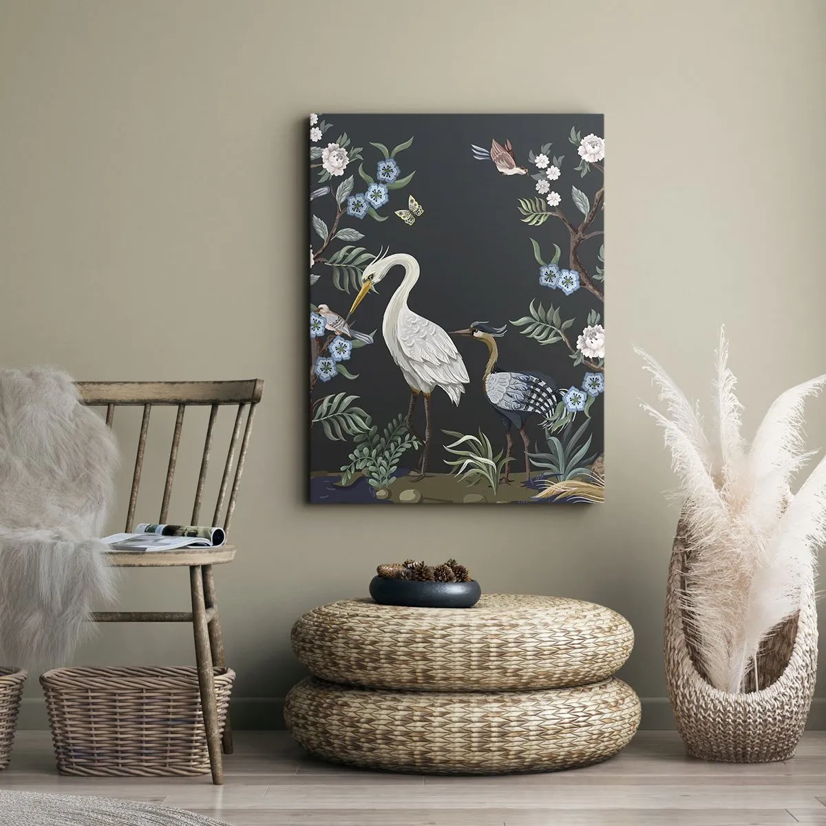 Impression sur toile - Image sur toile - Oiseaux et plantes peints sur un fond sombre avec un motif élégant - 50x70cm - Parade d'oiseaux - Décoration murale moderne pour le salon et la chambre ARTTOR