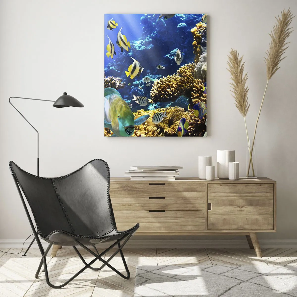 Impression sur verre - Image sur verre - Un récif corallien coloré avec des poissons tropicaux dans les profondeurs de l'océan. - 80x120cm - Beaucoup de circulation sur la route des vacances - Décoration murale moderne pour le salon et la chambre ARTTOR