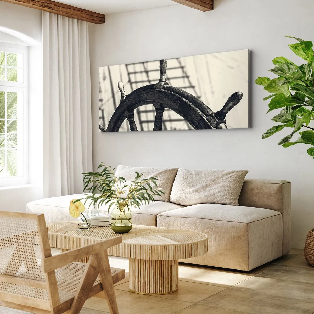 Impression sur toile - Image sur toile - Un gouvernail de style rétro avec un navire en arrière-plan - 140x50cm - Histoires de mer - Décoration murale moderne pour le salon et la chambre ARTTOR