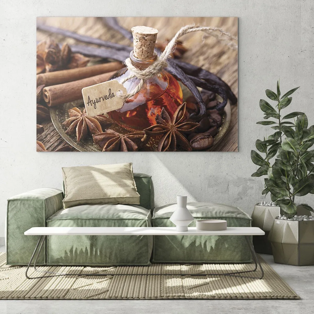 Impression sur verre - Image sur verre - Bouteille d'huile et d'épices de style ayurvédique - 70x50cm - Vers l'unité du corps et de l'esprit - Décoration murale moderne pour le salon et la chambre ARTTOR