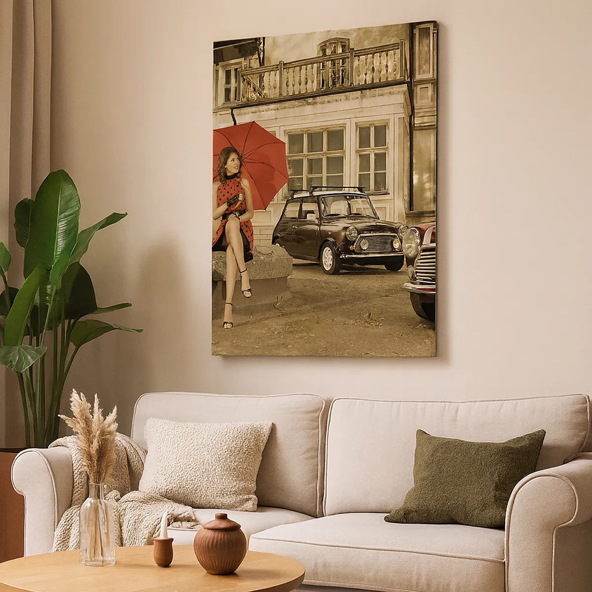 Impression sur toile - Image sur toile - Femme avec un parapluie rouge par des voitures classiques - 50x70cm - Un mini-voyage sentimental - Décoration murale moderne pour le salon et la chambre ARTTOR