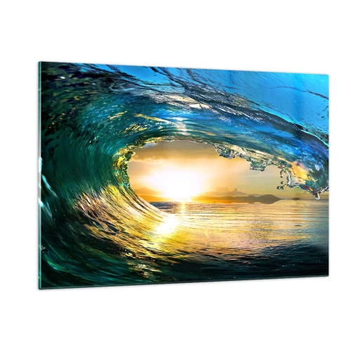 Impression sur verre - Image sur verre - Une vague de l'océan capturée dans la lumière du soleil couchant - 120x80cm - Dans un éclat émeraude-or - Décoration murale moderne pour le salon et la chambre ARTTOR