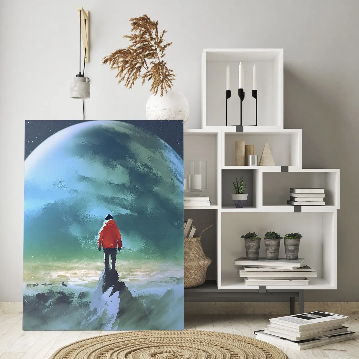 Impression sur verre - Image sur verre - Une silhouette vêtue d'une veste rouge sur fond d'une immense planète et d'étoiles - 50x70cm - Explorateur de la nouvelle terre - Décoration murale moderne pour le salon et la chambre ARTTOR