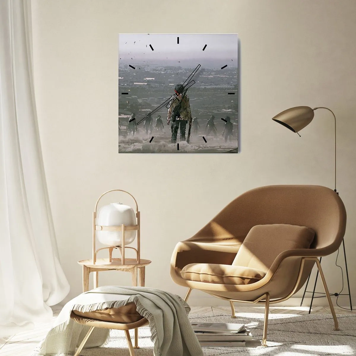 Horloge murale - Pendule murale - Une silhouette avec une arme se tient devant un groupe dans un paysage dystopique. - 30x30cm - Dernier samaritain ? - Décoration murale moderne pour le salon et la chambre ARTTOR