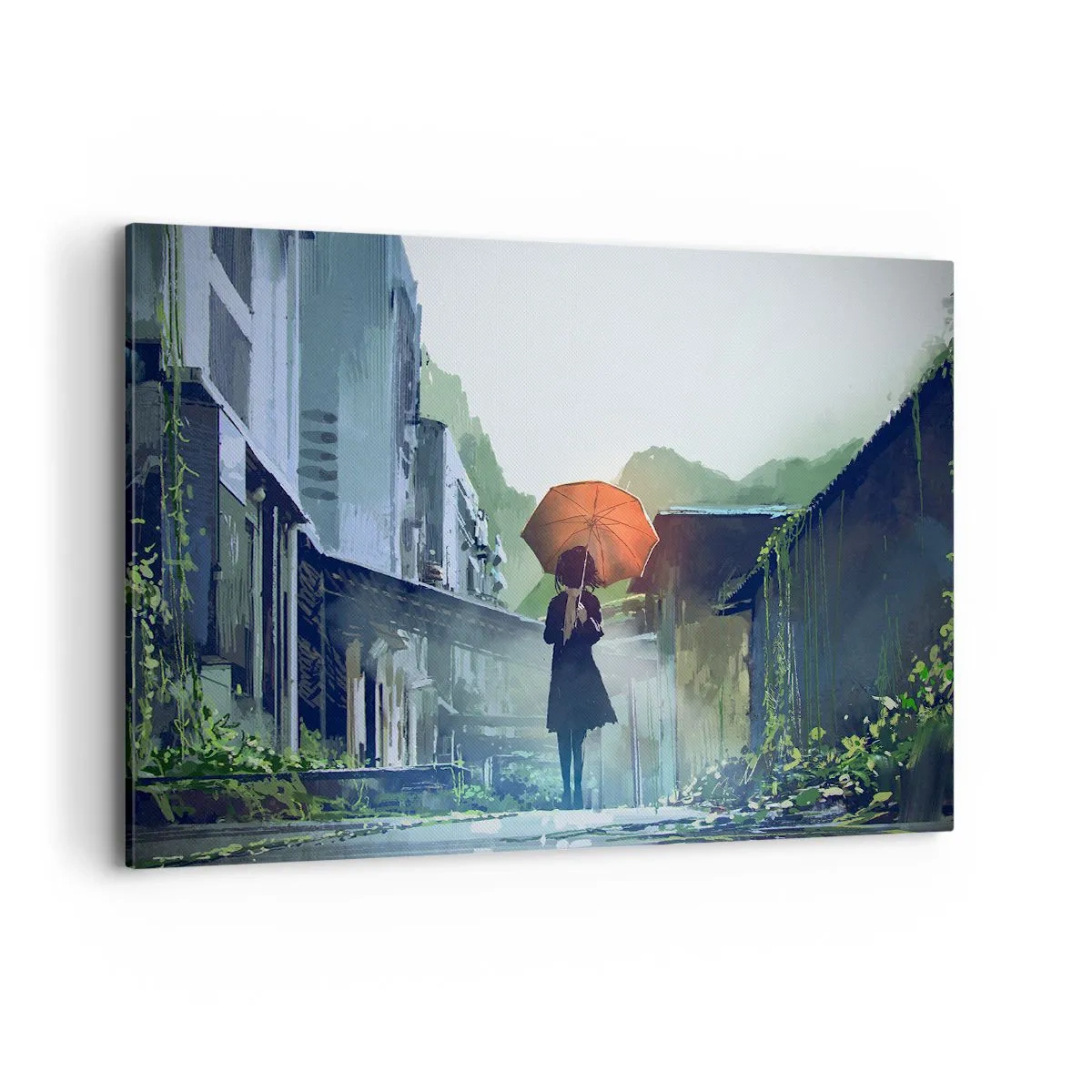 Impression sur toile - Image sur toile - Une silhouette avec un parapluie dans une ville pluvieuse - 120x80cm - Pluie vivifiante - Décoration murale moderne pour le salon et la chambre ARTTOR